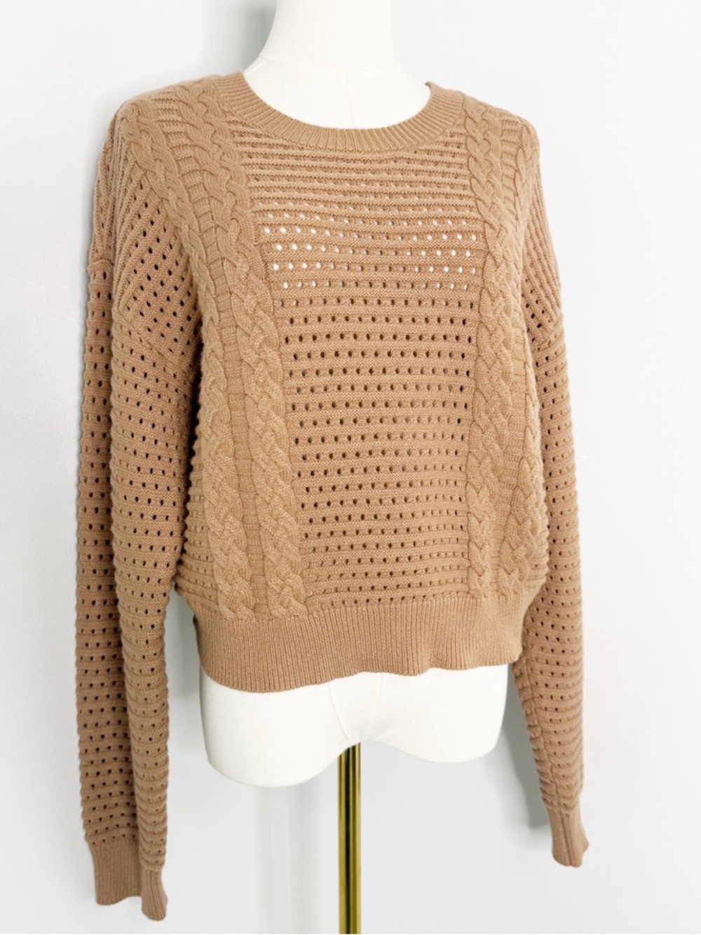 Current Air Open Knit Cable Sweater Medium Camel Cropped Soft Anthropologie